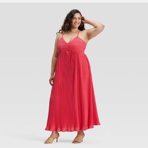 Plus-Size Coral Pink Pleated Maxi Dress with Spaghetti Straps XXL